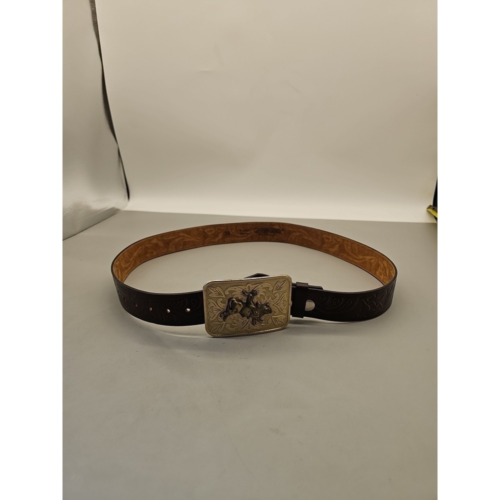Leather Guild USA belt With Bull Riding‎ Buckle tooled leather Sz 38 New